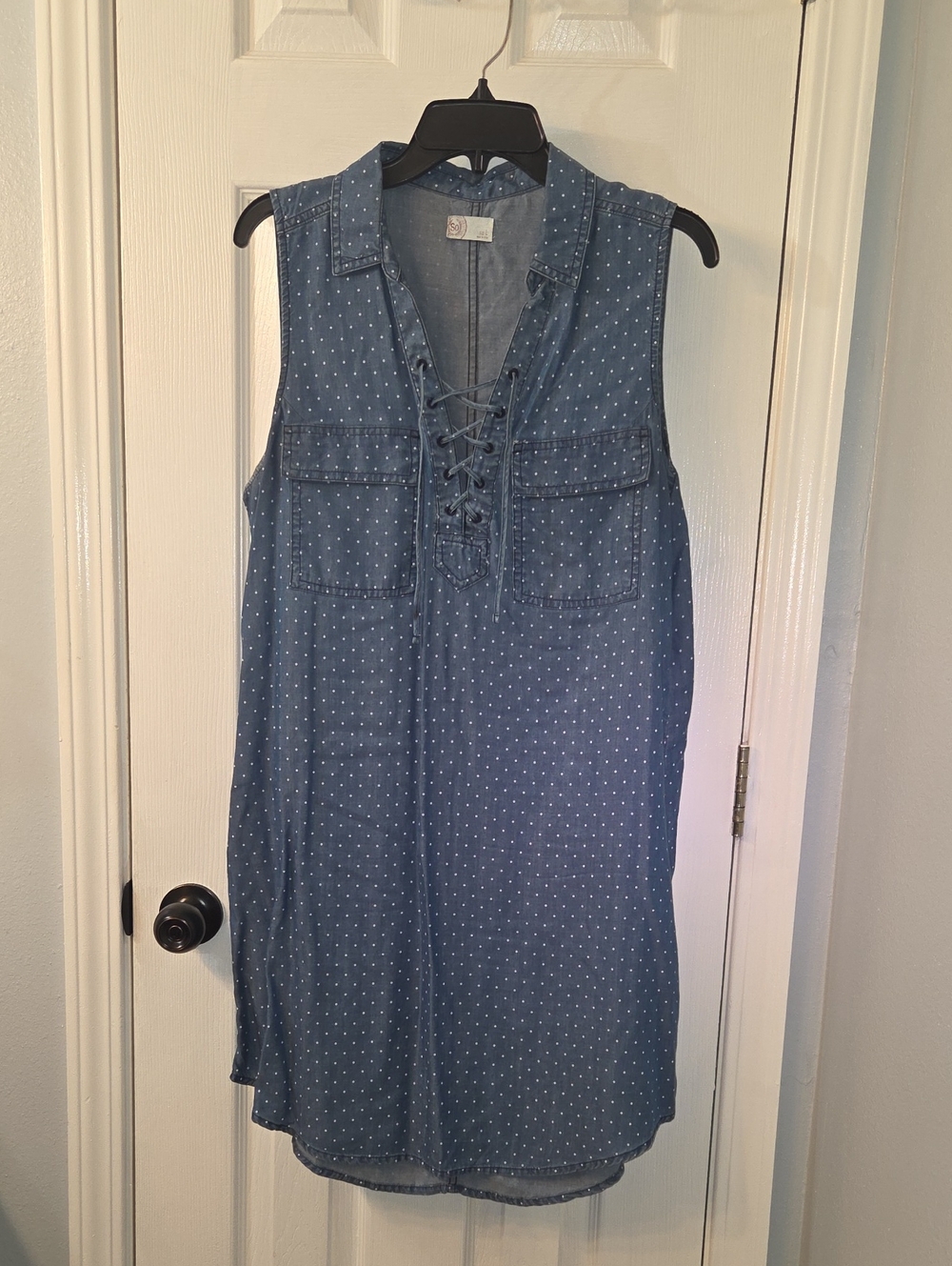 SO Sleeveless Denim Look Polka Dot Lace-Up Dress - Blue